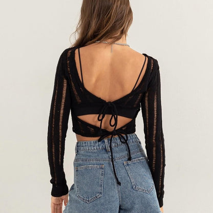 Black Open Knit Tie-Back Crop Top