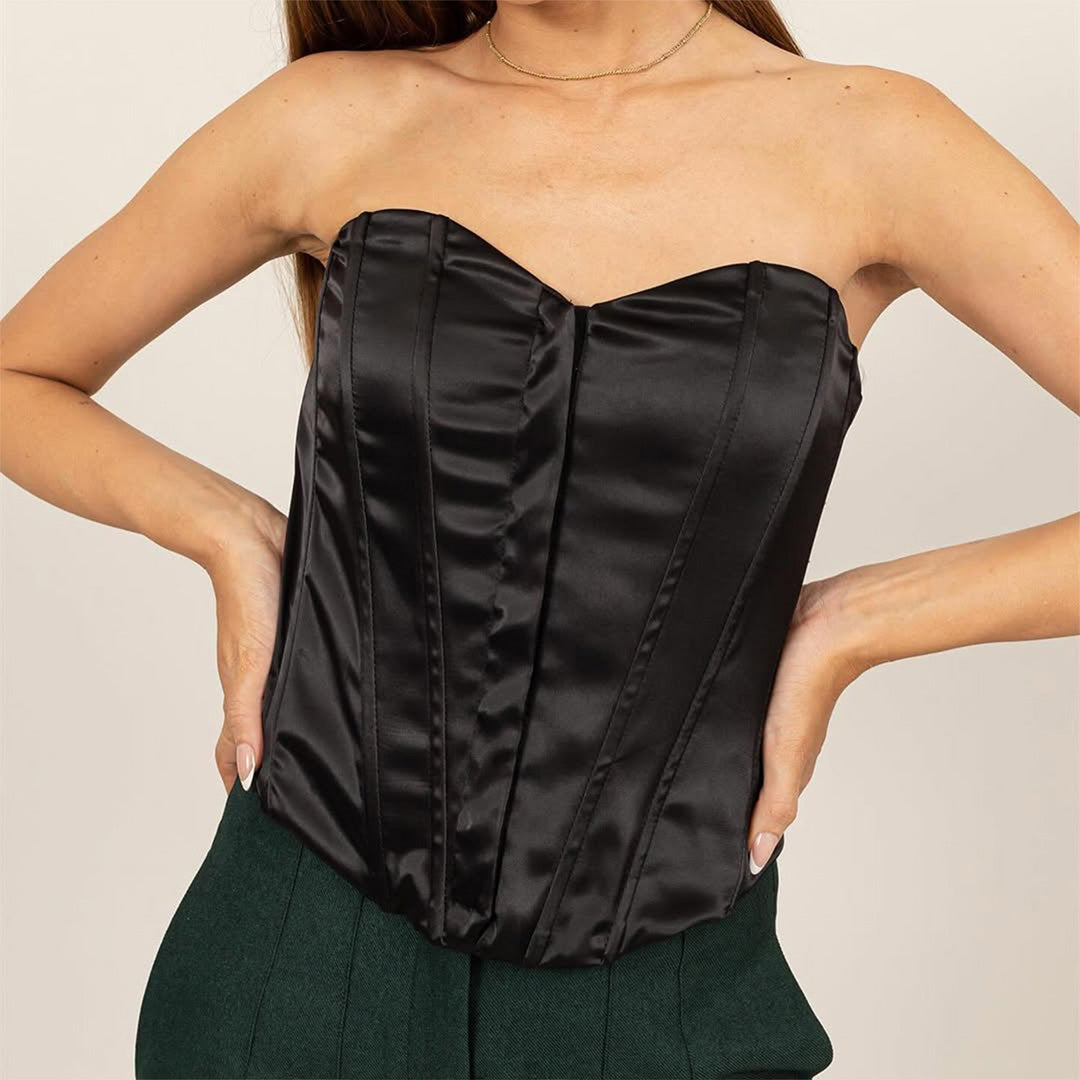 Black Satin Corset Bustier Top
