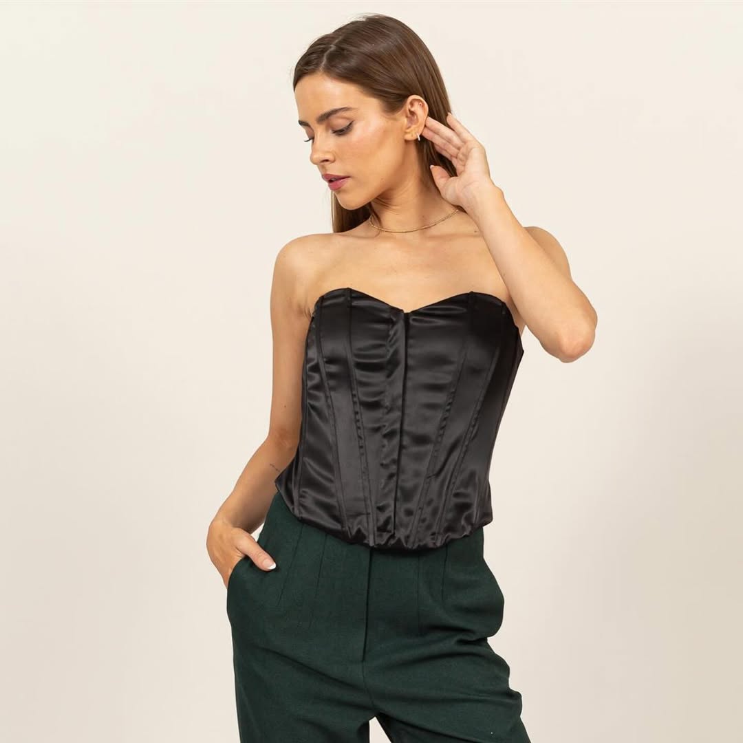 Black Satin Corset Bustier Top