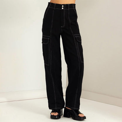 Black Contrast Stitch Cargo Flare Pants