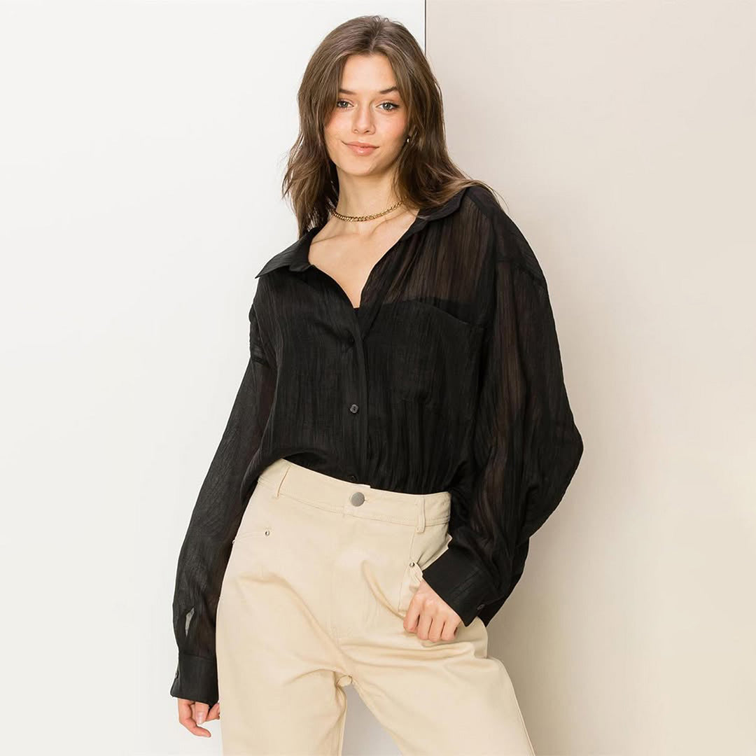 Black Crinkle Oversized Blouse