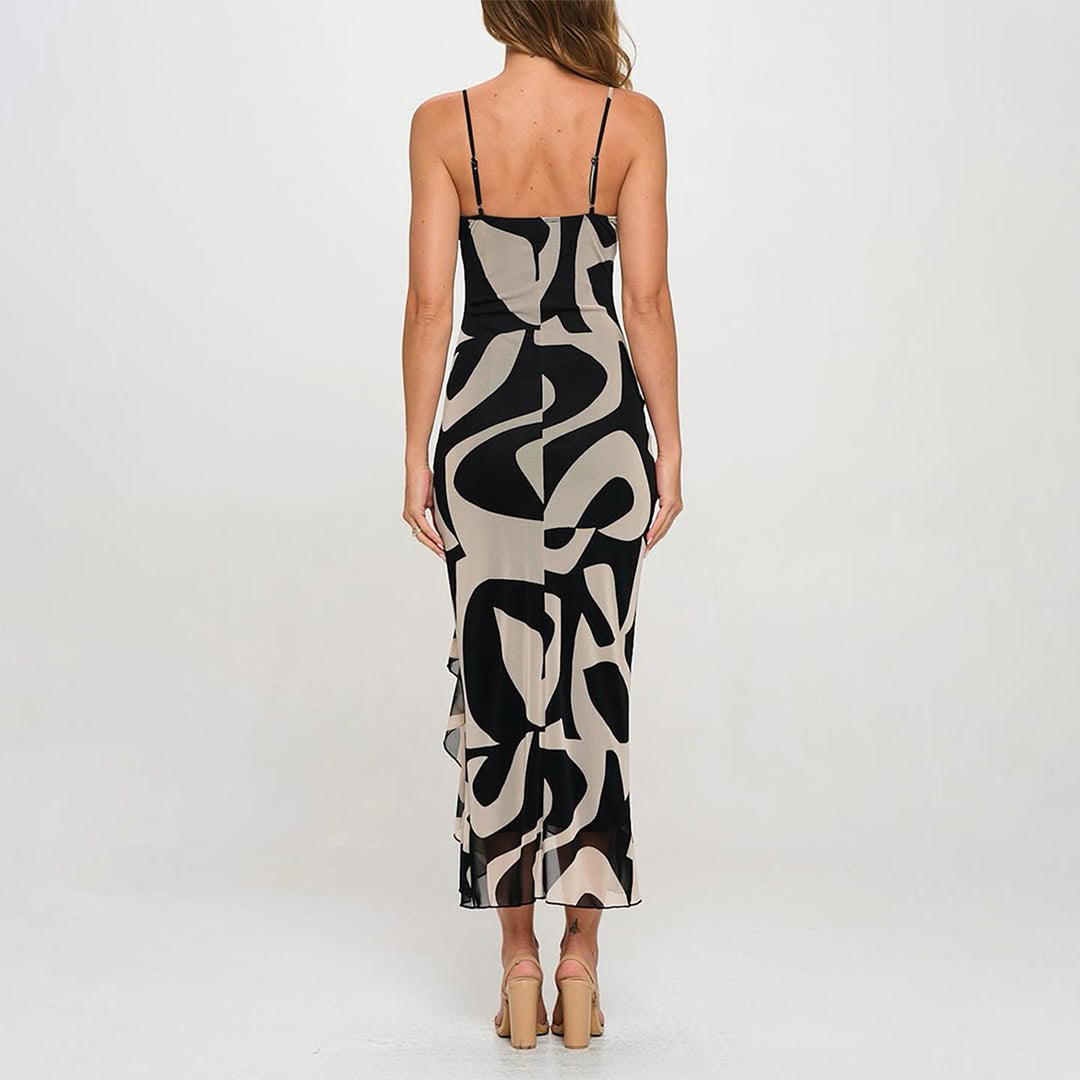 Abstract Print Ruffled Slit Midi Dress